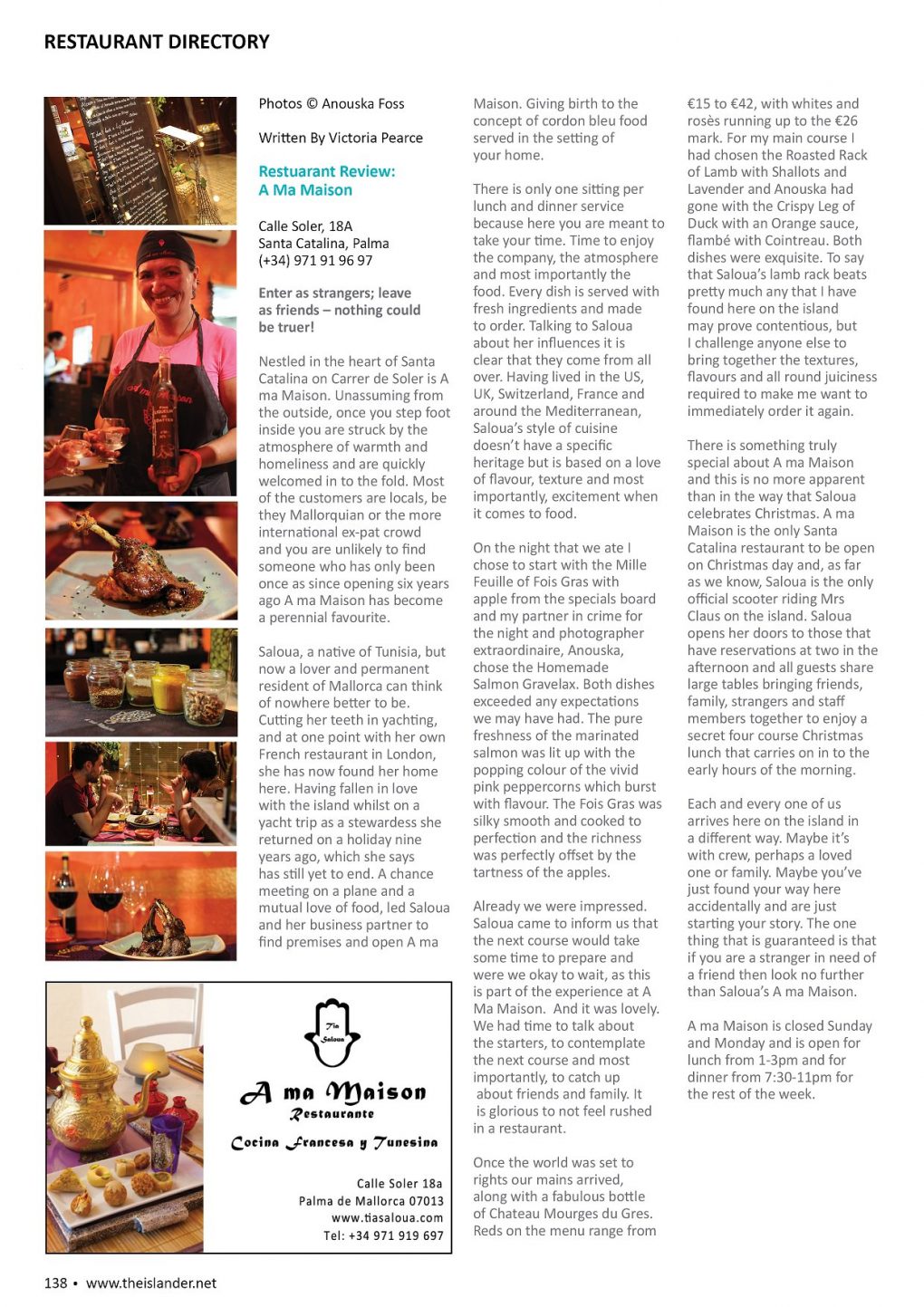 A ma Maison review published in The Islander Magazine Interview by Victoria Pearce